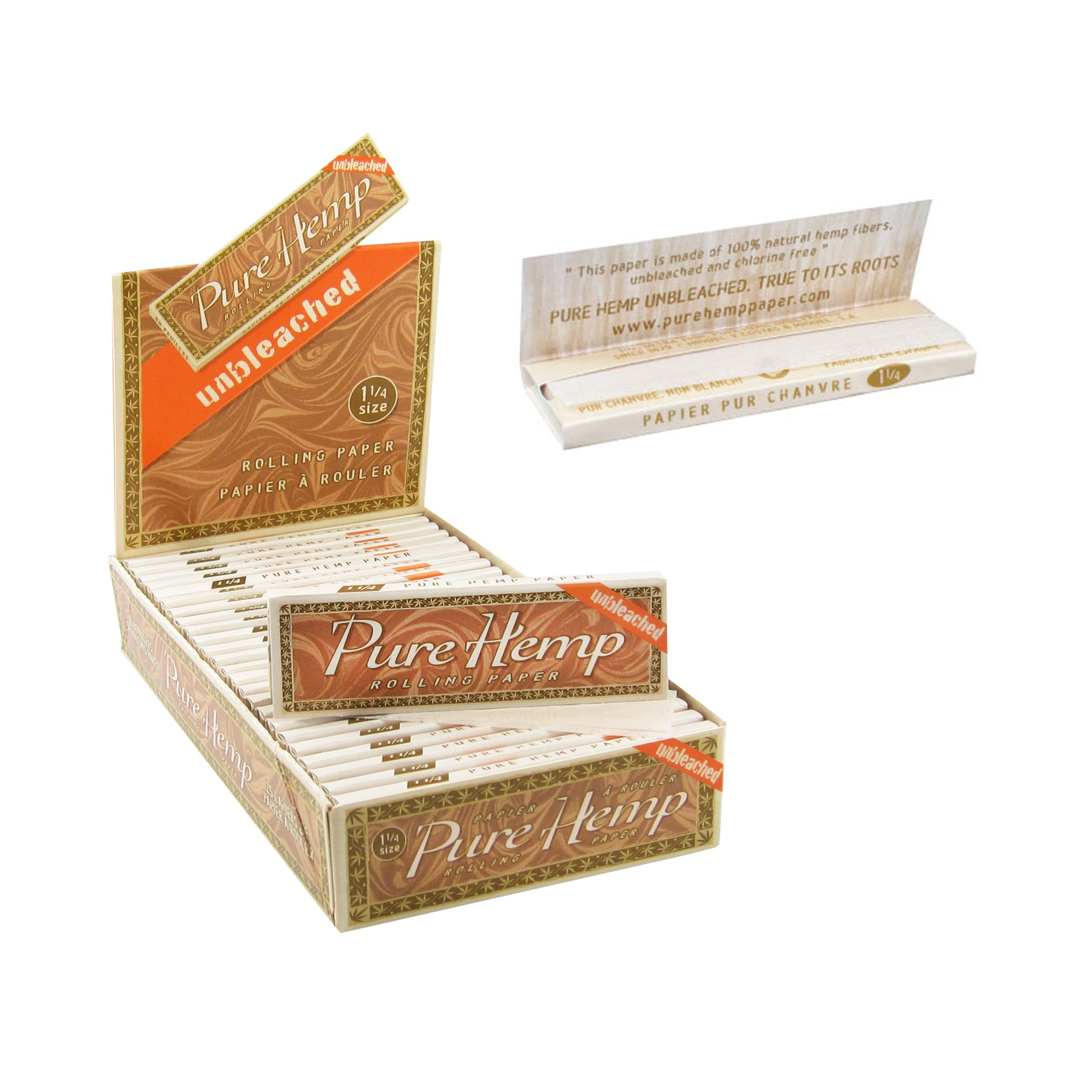 Pure Hemp Unbleached 1 1/4 Size Rolling Papers Booklet Box